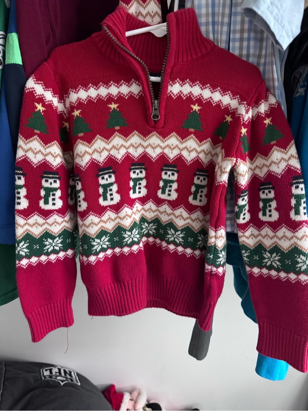Boy’s Red Holiday Snowman Knit Sweater with Half-Zip